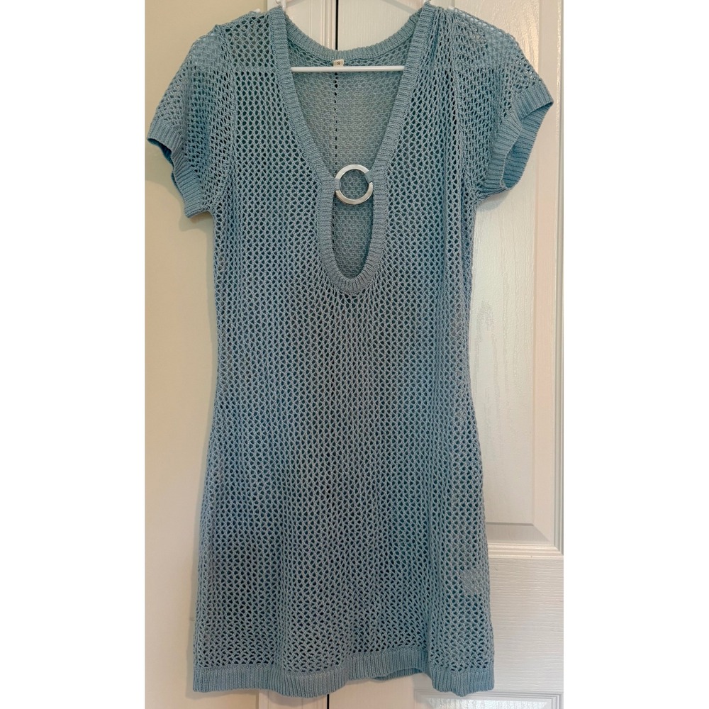 Light Blue Crochet Mesh Knit Swimsuit Cover Up Dress O-Ring V-Neck TL00071 Small